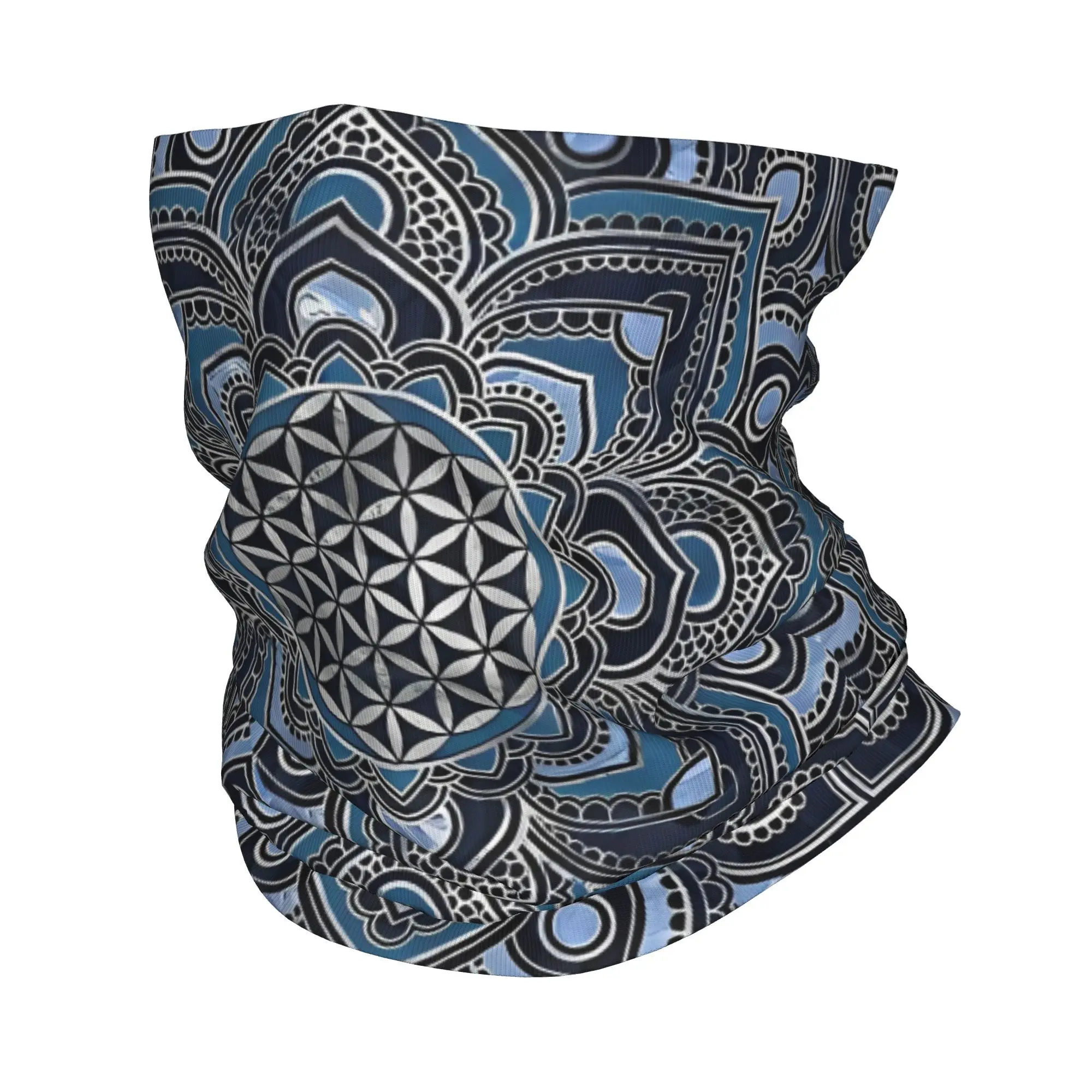 Flower Of Life In Lotus Mandala Blue Crystal And Silver Bandana Neck Cover Face Scarf Multi-use Headwear Running Breathable