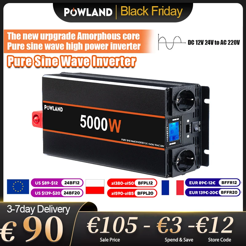 POWLAND 5000W 4000W 3000W Power Inverter DC 12V 24V To AC 220V Pure Sine Wave Car Inverter Converter Remote Control EU Socket