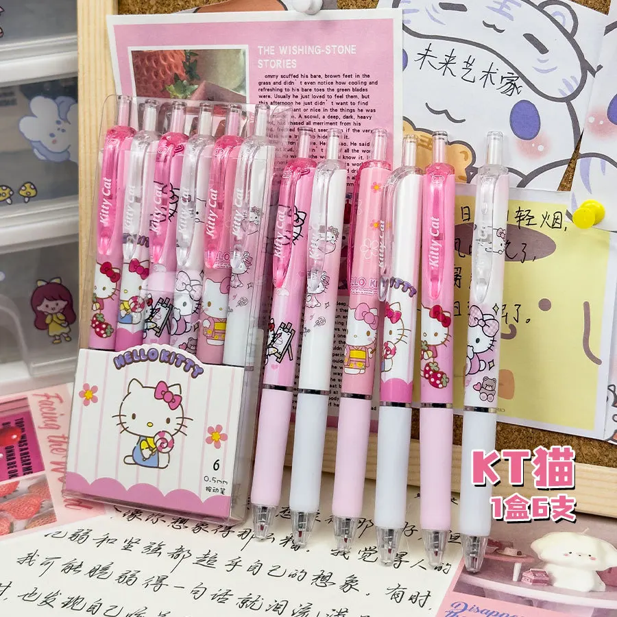 Sanrio Hello Kitty 6 szt. Długopis żelowy 0.55mm Refill Y2k Cinnamoroll Kuromi MelodyCartoon artykuły biurowe czarny cienkopis prasy