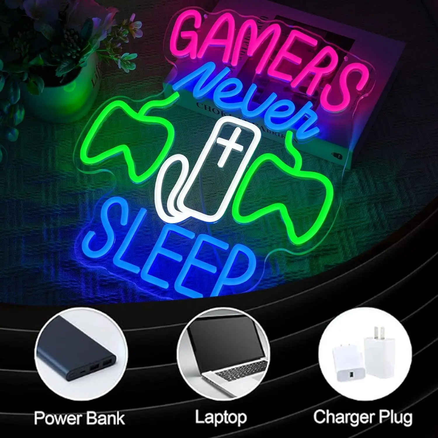 Gamers Never Sleep Neon Sign Game Controller Dimmable LED Light for Boys Bedroom Gaming Room Man Cave Party Wall Decor Gifts