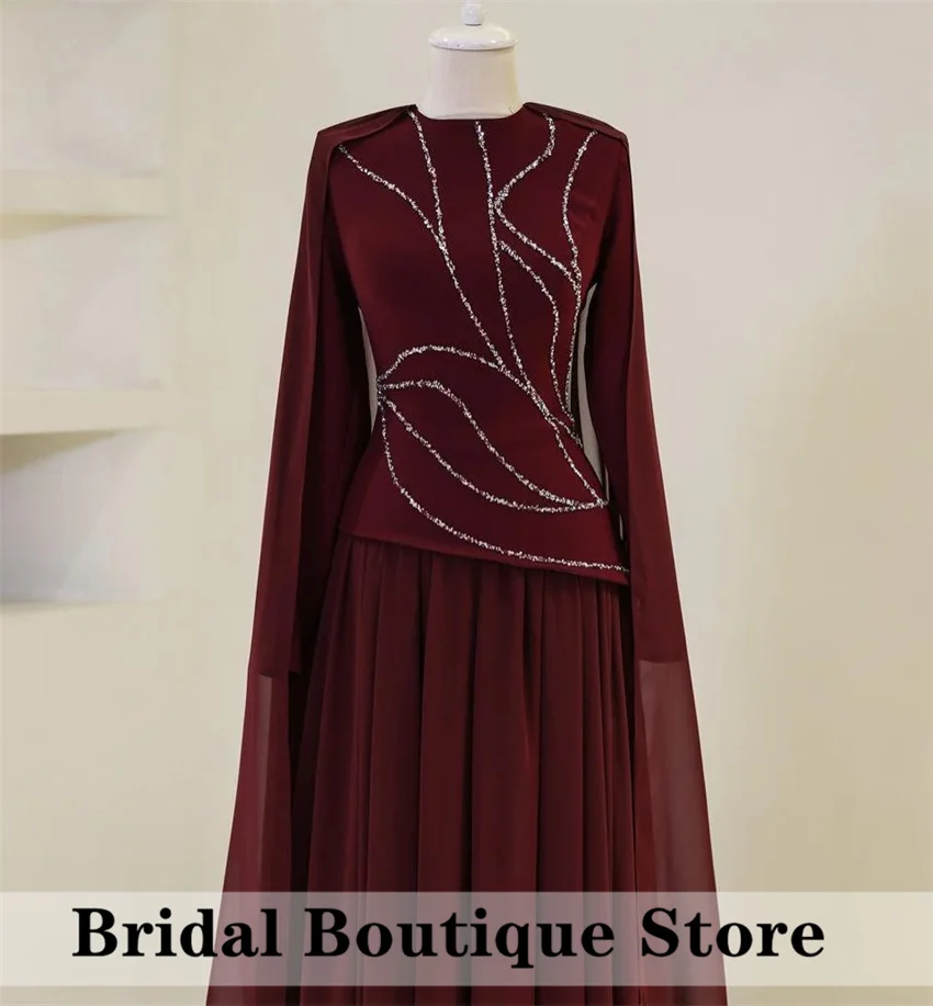 

Customized Classic Burgundy Evening Dress Delicate Crew Neck Long Sleeves Beading Special Occasion Prom Party Gowns