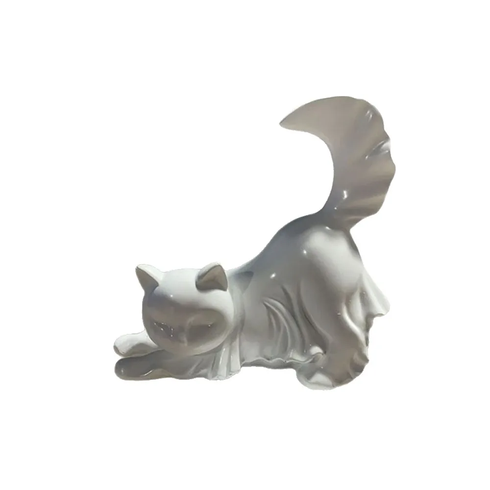 Cute Halloween Black Cat Statue White Handmade Stretching Cat Figurine Unique Glow in The Dark Halloween Cloak Ghost