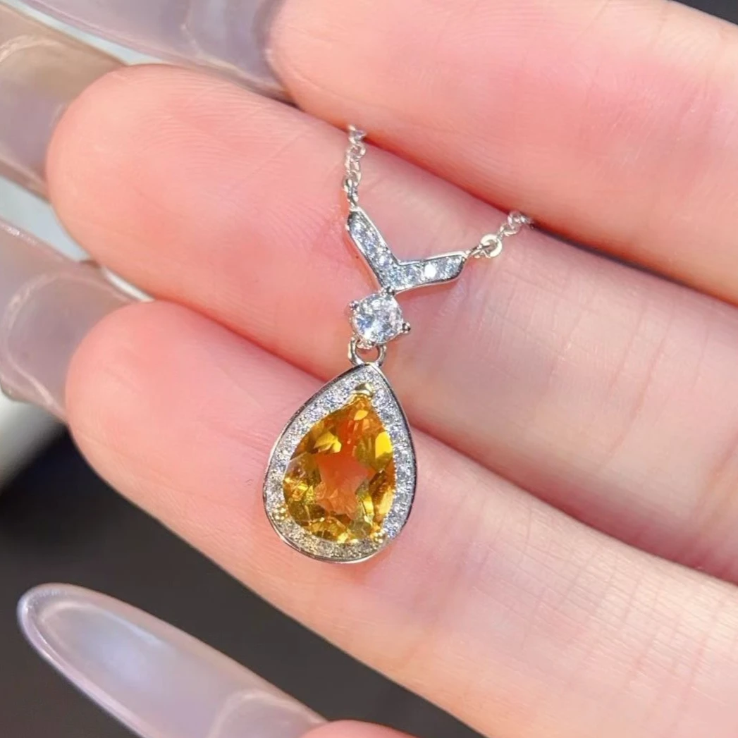 100% Natural Citrine Necklace 6x8mm Genuine Citrine Fine Jewelry with Certificate 925 Silver Crystal Charm Necklace for Women