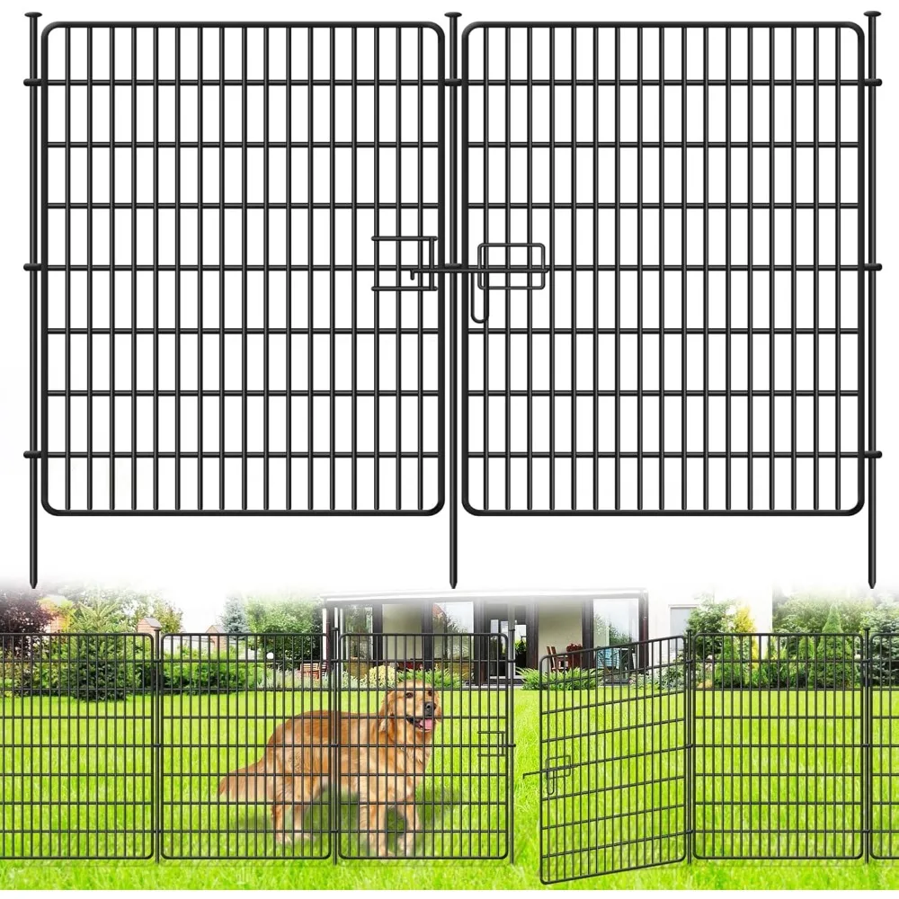 Valla sin excavación de 15 paneles con puerta, 32 pulgadas (alto) x 36 pies (largo), valla decorativa para jardín, barrera para animales para perros, jardín de metal resistente al óxido