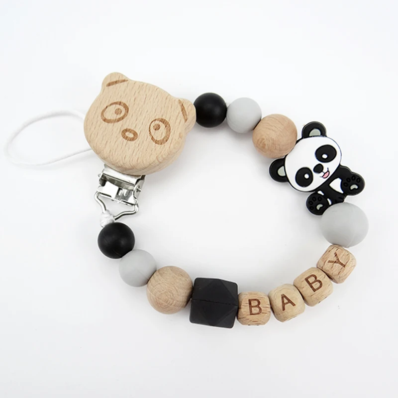 Clips de sucette personnalisés avec nom de dessin animé, chaîne factice en bois, perles en Silicone, Clip pour bébé sans BPA, collier d\'attache de