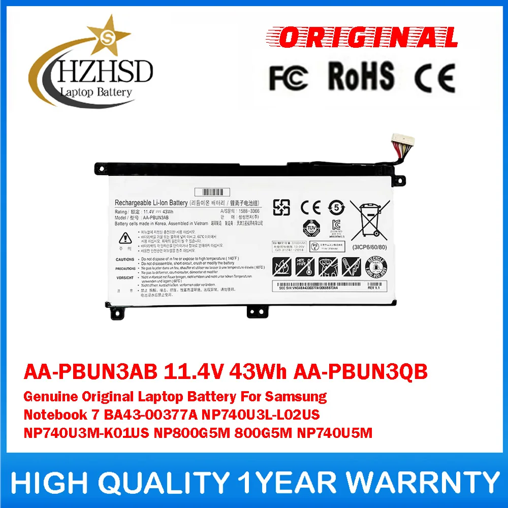 AA-PBUN3AB 11.4V 43Wh 3870mAh AA-PBUN3QB Genuine Original Laptop Battery For Samsung Notebook 7 BA43-00377A NP800G5M NP740U5M