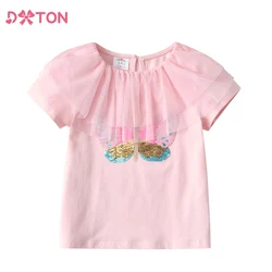 DXTON Summer Toddlers Girls T-shirts Butterfly Appliqued Short Sleeve Kids T-shirt Sequin Cotton Casual Children Tops and Tees