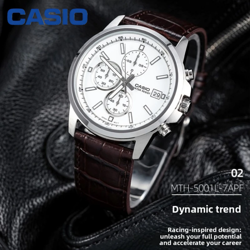CASIO MTH-5001L Men Quartz Watch Stainless Steel Case Mineral Glass 100M Waterproof Genuine Leather Strap Business Wristwatch