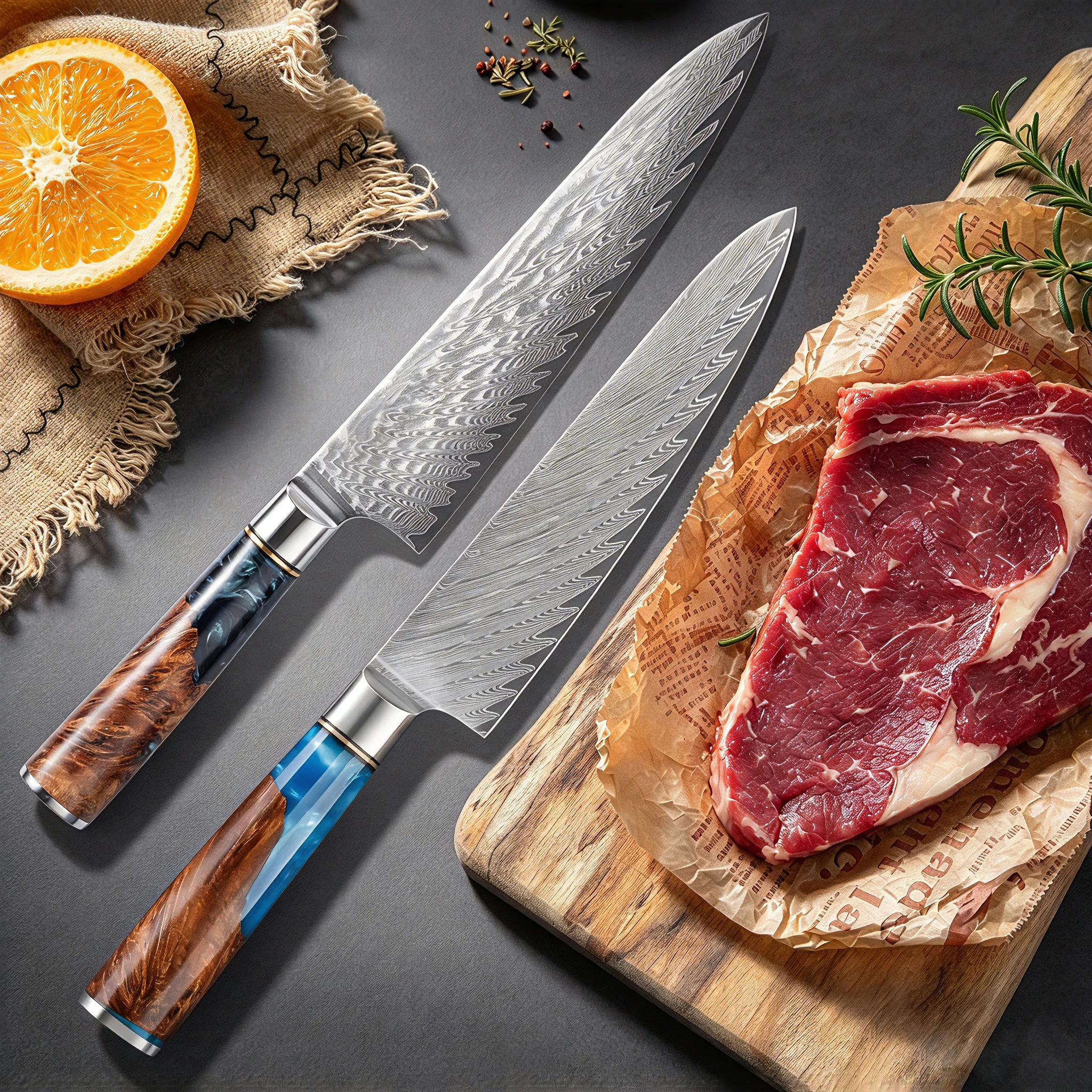 2 piece Damascus steel kitchen knife set super sharp chef knife high-quality colorful resin wood handle cooking knife