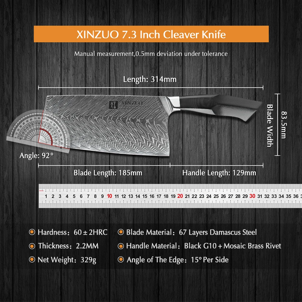 XINZUO 7.3 in Slicing Knife VG10 Damascus Steel Kitchen Knife Butcher\'s Knives High Quality Black G10 Mosaic Brass Rivet Handle