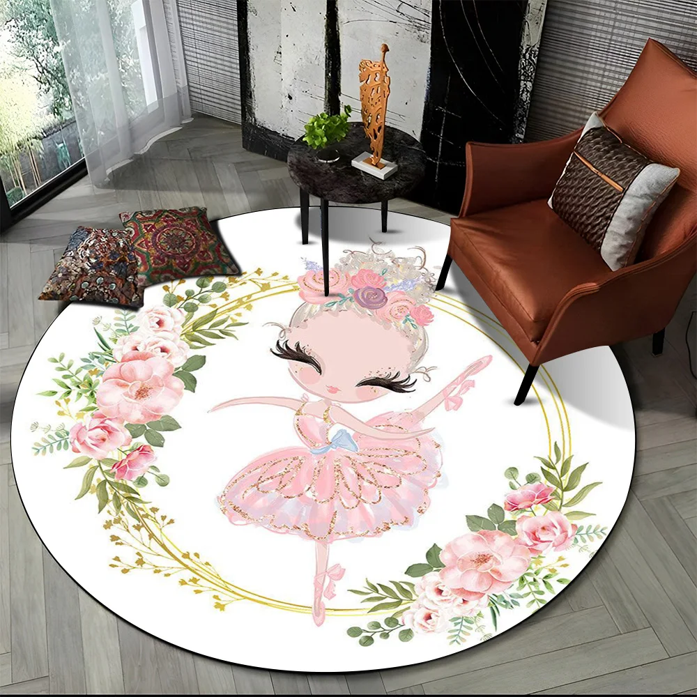 Cartoon Ballet Girl Fairy Ballerina Flower Round Carpet Rug for Living Room Bedroom Child Decor,Pet Area Rug Non-slip Floor Mat