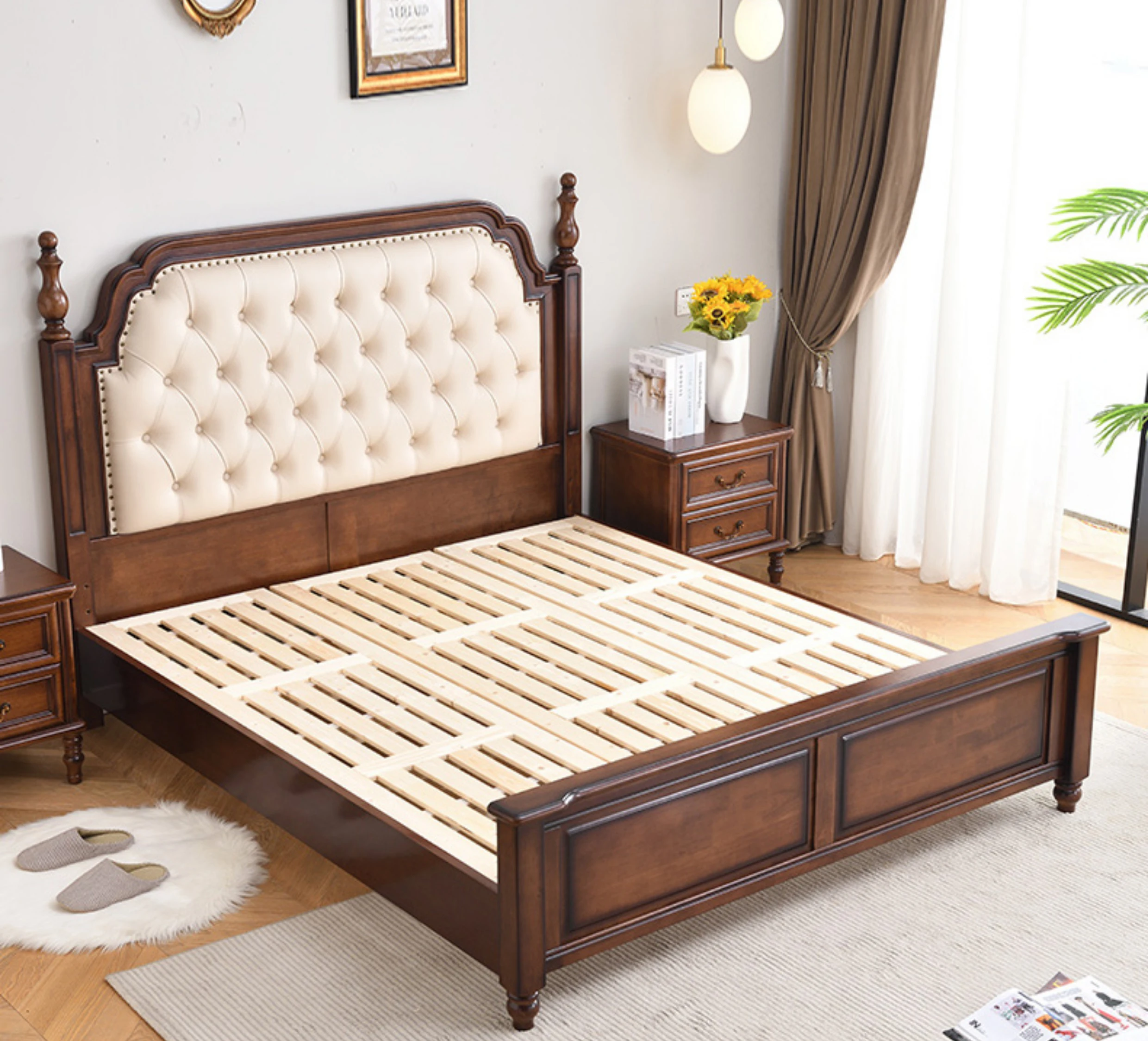# Bed Frame with Button Tufted Headboard Modern Upholstered Bed Frame with Solid Wooden Slats Support Easy Assembly