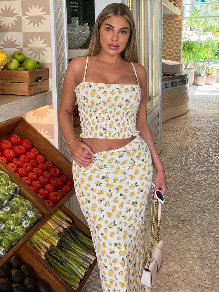 Fantoye Sexy Backless Print Floral Women Skirt Suit Yellow Sapghetti StrapTop Long Skirt Set Summer Skinny Casual Two Piece Sets