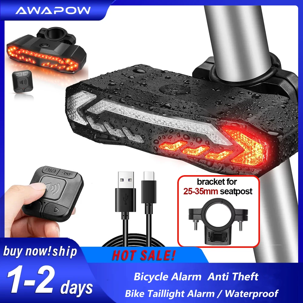 Awapow 5 em 1 alarme de bicicleta anti roubo lanterna traseira alarme ip54 à prova dip54 água controle remoto luz traseira da bicicleta com sinais