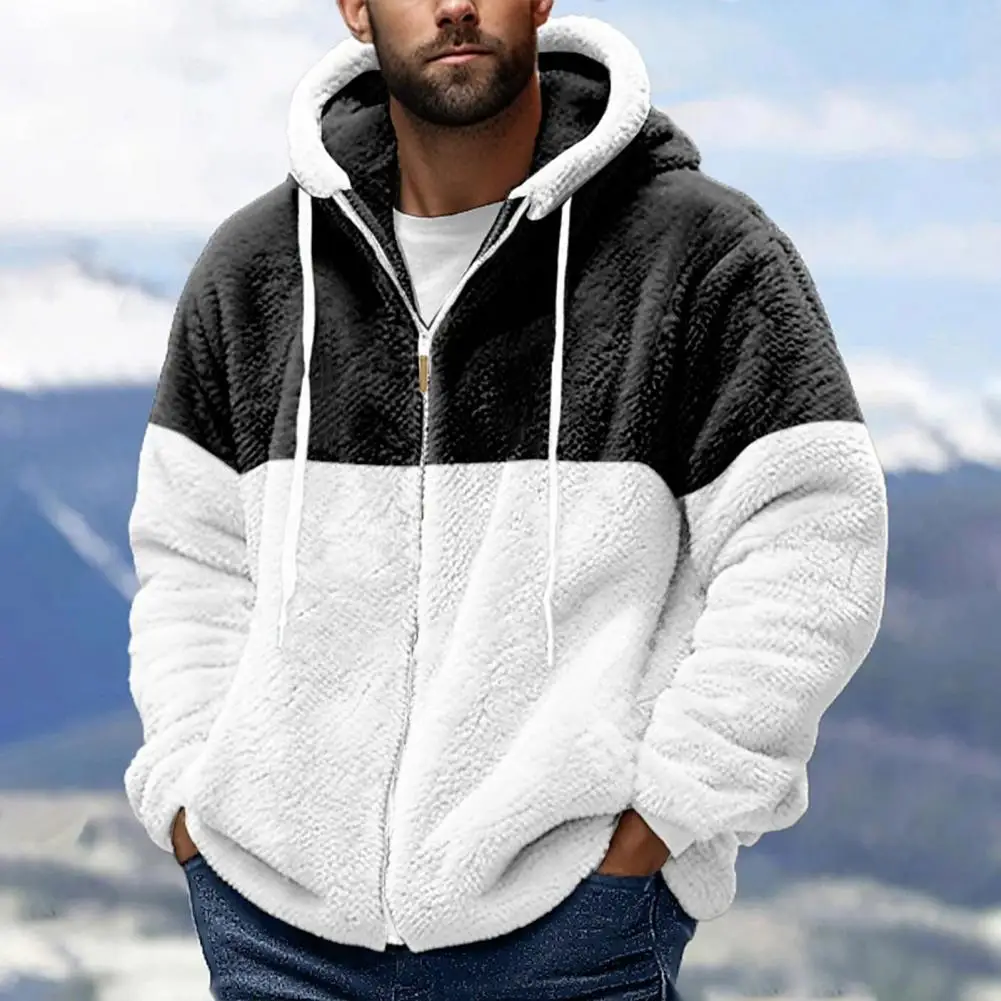 Street Style Hoodie Men's Winter Fleece Hooded Coat with Drawstring Colorblock Zip-up Jacket for Outdoor Travel Windproof Heat