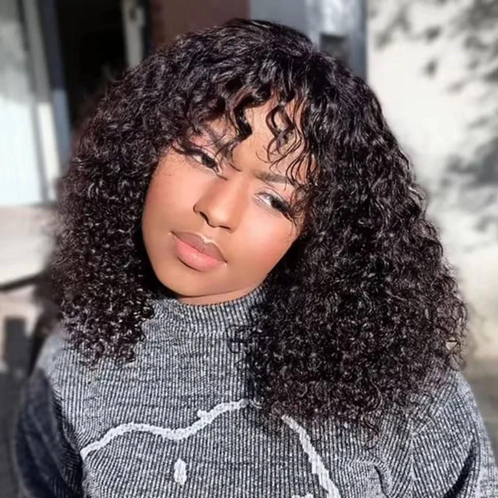 

Curly Human Hair Wigs 100% Human Hair Wig With Bangs Full Machine Natural Black Cheap Wigs For Women Short Curly Human Wig
