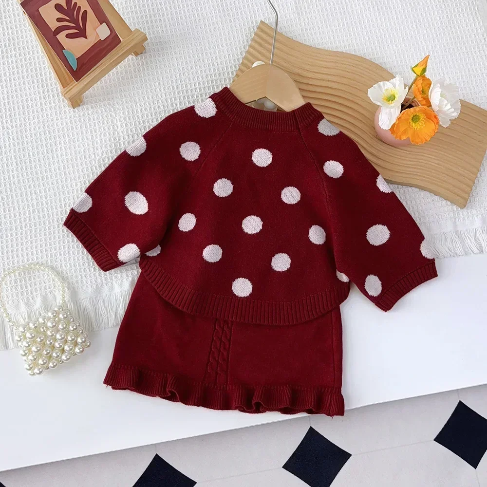 Korean Version Simple Kids Clothes Girls Cute Polka Dot Printed Top + Skirt 2-piece Set Autumn and Winter Fashion Sweater Sets