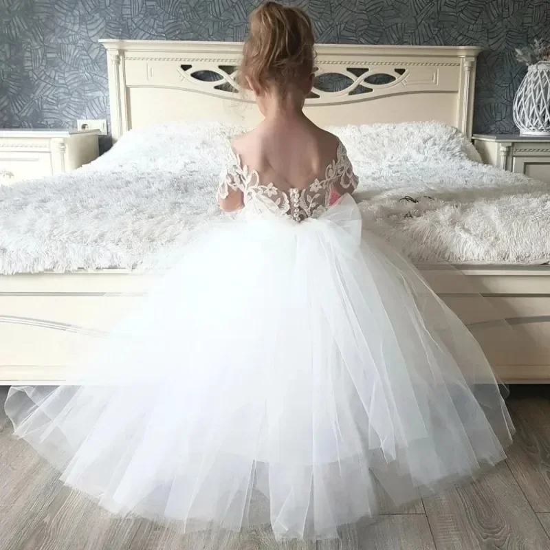 Lazo de encaje trasero personalizado para niña, vestido de cola extraíble para fiesta de boda, vestido de primera comunión para niños pequeños