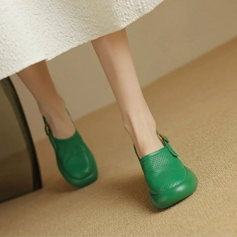 Summer Sandals Round Toe Hollow Out High Heel Sandals for Women Platform Sandals Zapatos Mujer Chunky Heel Sheepskin Shoes Green