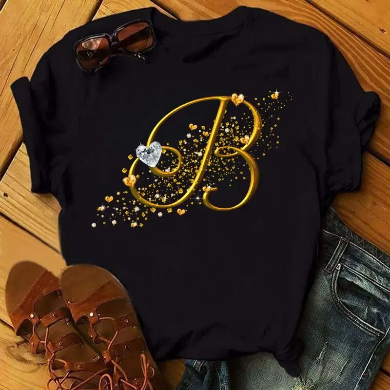 

Name Letter Combination Women T-shirt Diamond Gold Letter Font A B C D E F G Short Sleeve Oversized Tops T-shirt Women Clothes