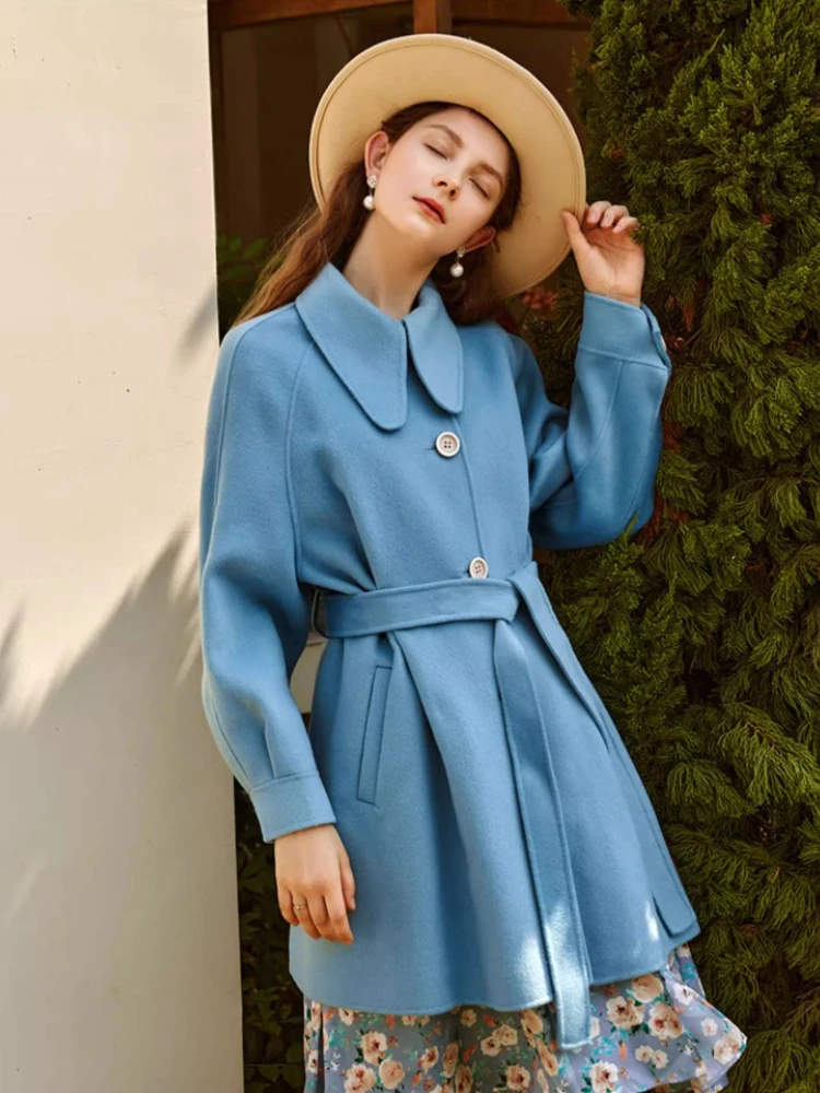 

OLrain женское шерстяное пальто 2025 зимняя длинная куртка с отложным воротником повседневное свободное пальто с регулируемой талией женское O21DS35562