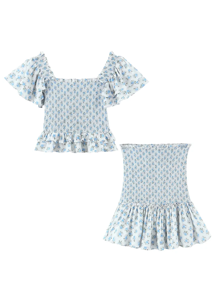 Foridol Ruffles Tiered Floral Print Blue Women Summer Bodycom Mini Dress Set Butterfly Sleeve Vintage French Style 2 Pcs Outfit