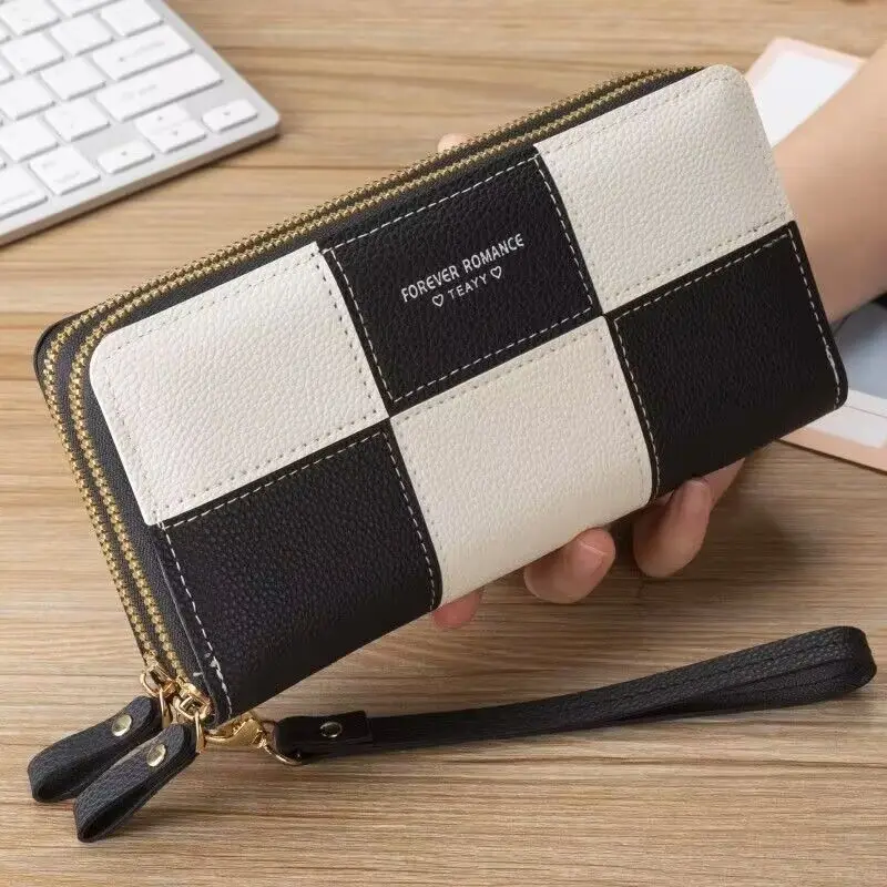 

Women Wallets Double Zipper Lady Long Coin Purses Cards Holder Woman Handbags Billfold Wristlet Wallet Clutch Plaid Money Bags