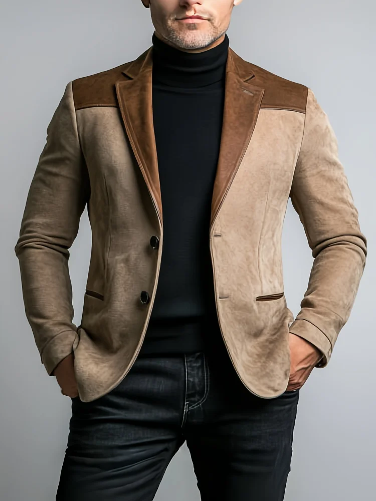 Men's Khaki Suede Splice Blazer Jacket Notch Lapel Two Button Slim Fit Casual Coat