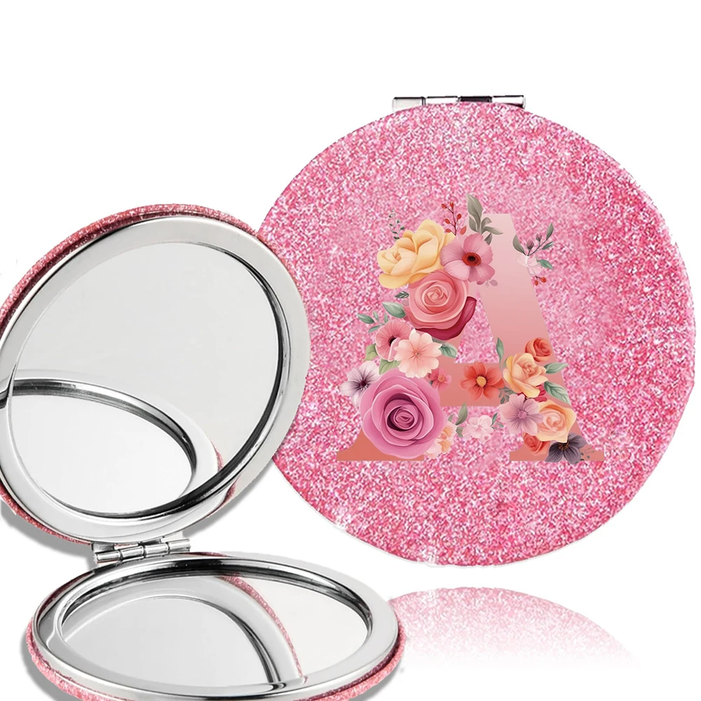 Double Sided Flash Pu Mirror Portable Double Sided Foldable Table Cosmetic Mirrors Pink Rose Initial Name 26 Letters Pattern