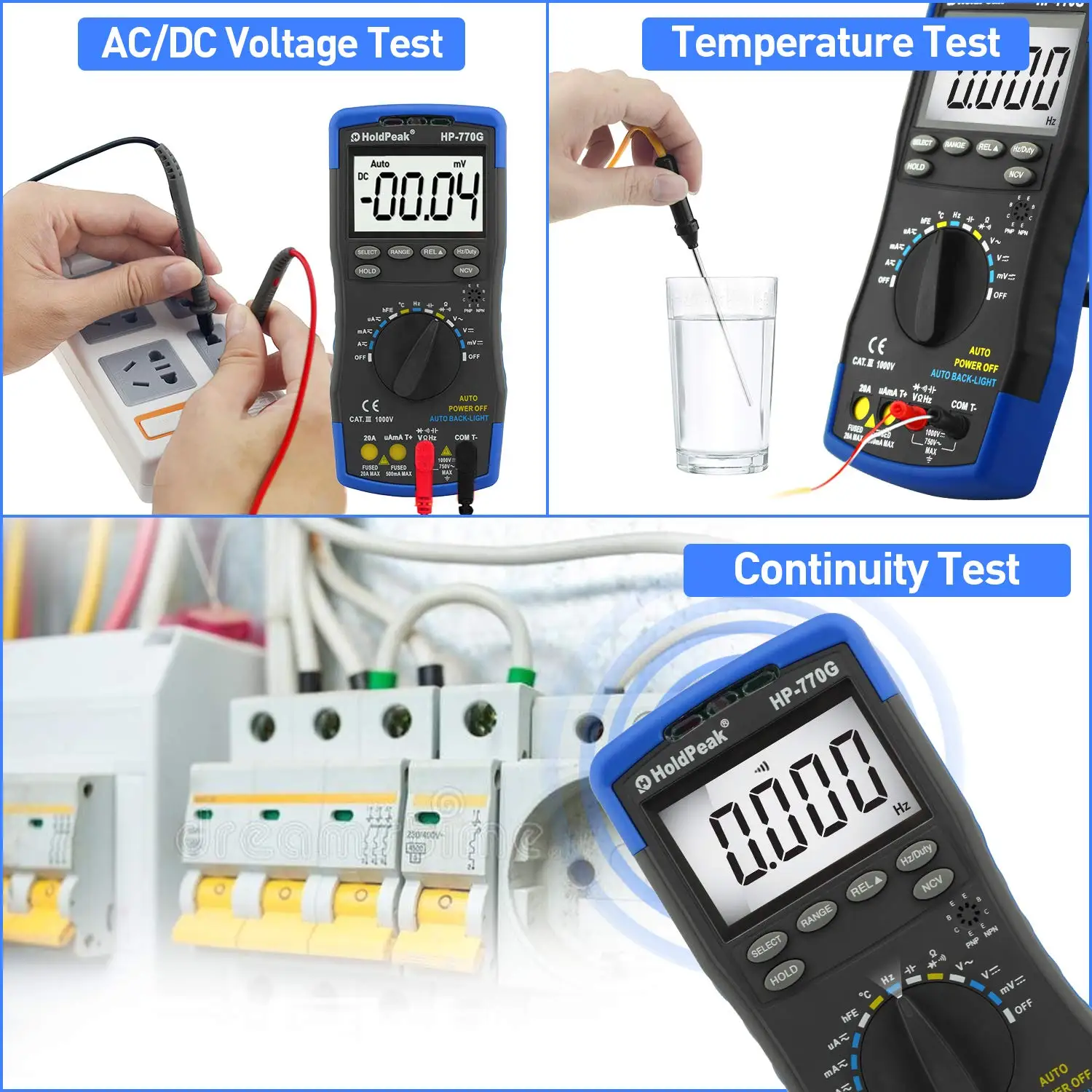 Imagem -03 - Holdpeak-multímetro Digital Auto-ranging Tester Medidor Elétrico Dmm 4000 Contagens para ac dc Amp Tensão Ncv Diodo Hfe 770g