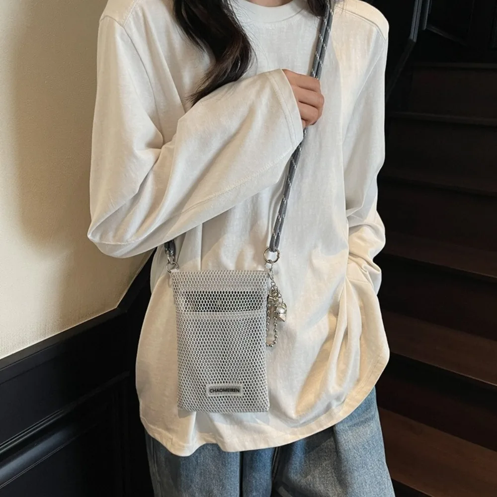 Casual Korean Nylon Mesh Wallet Teenager Solid Color Shoulder Purse Bags Hollow Crossbody Mobile Phone Bag Women