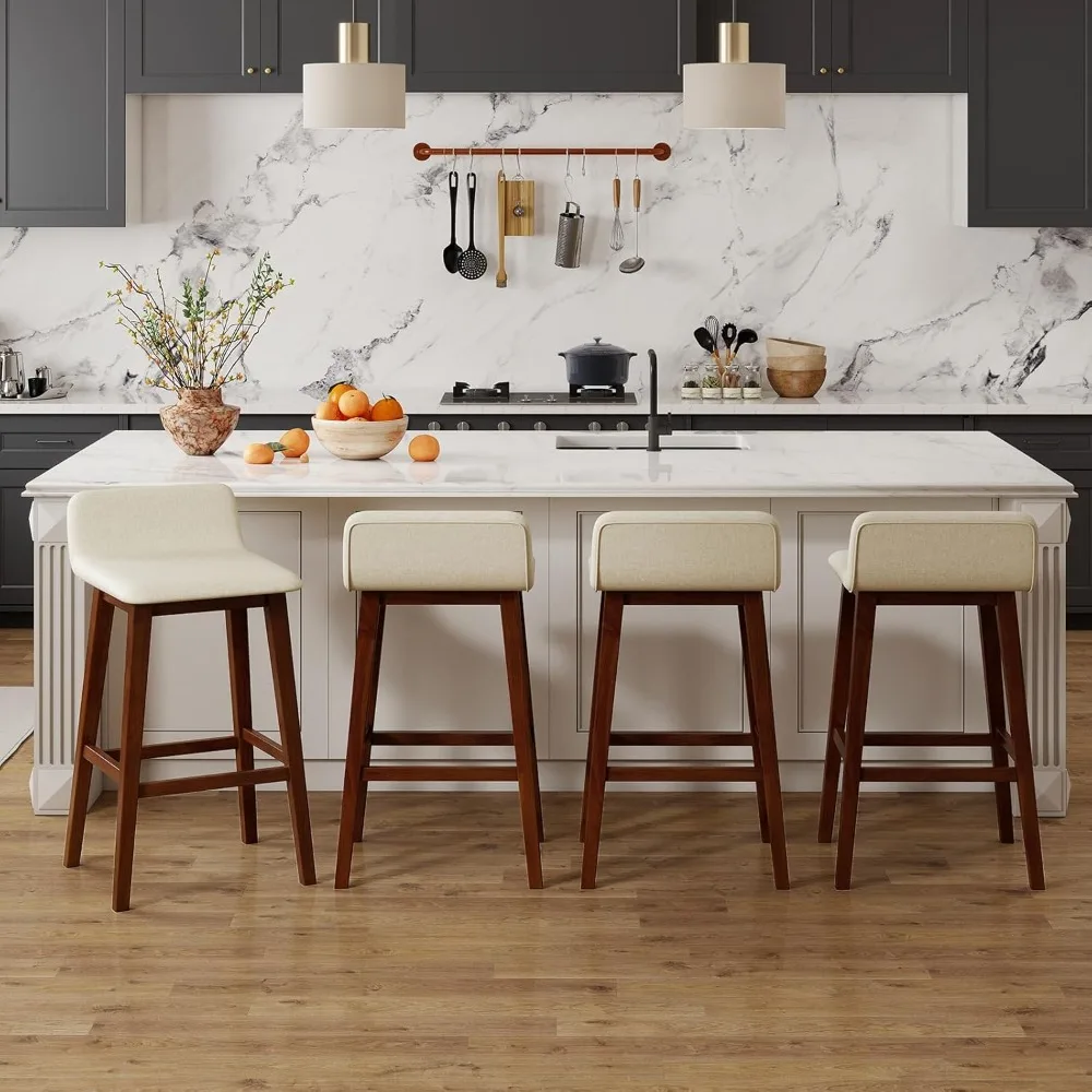 나무 바 스툴 4개 세트, 29인치 높이의 패딩 처리된 시트, 낮은 등받이, 발판, 고무나무 다리, 팔걸이 없는 바