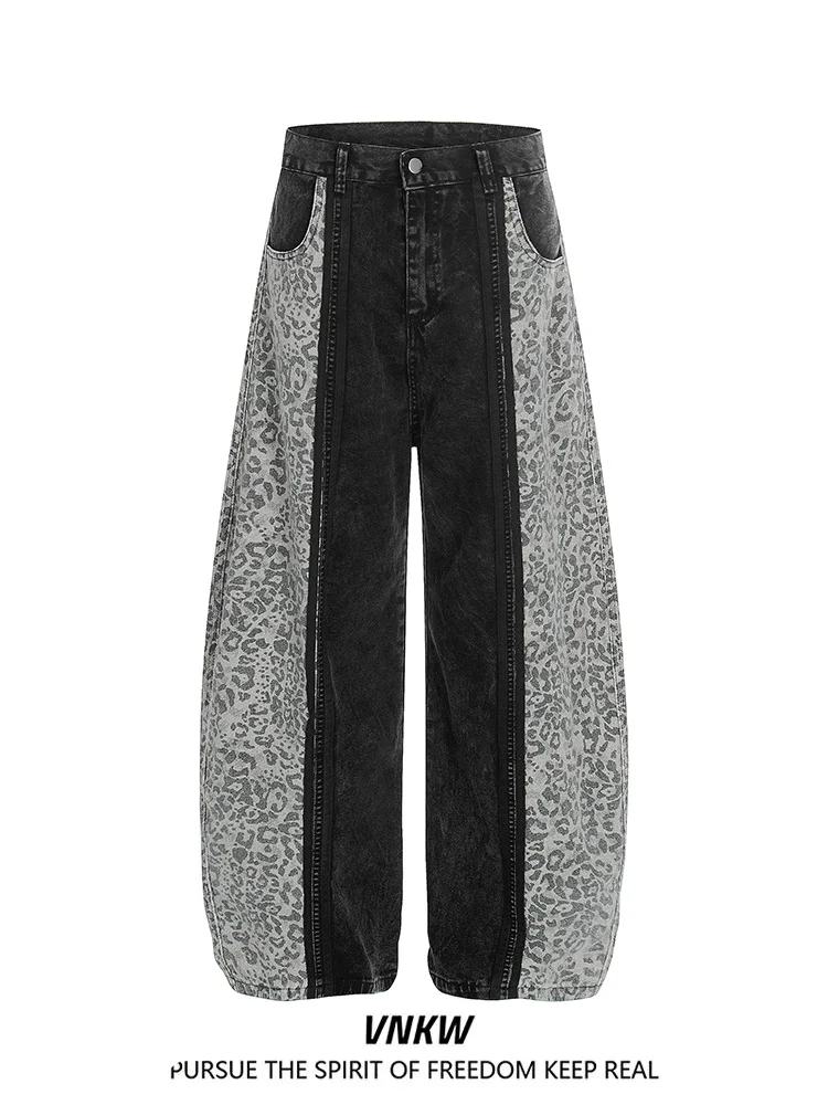 Retro Leopard Print Patchwork Wide Leg Jeans Loose Fit Casual Versatile Men's And Women's Street Sle Knife  Denim Pants
