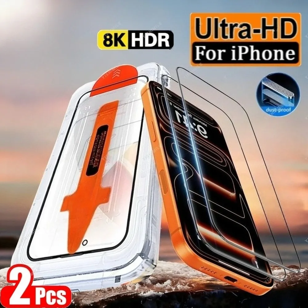 

2 шт. Защитное стекло с полным покрытием для iPhone 17, 16, 15, 14 Pro Max, Air, 13, 12, 11 Pro, Mini, 16, 15 Plus, установка в один клик