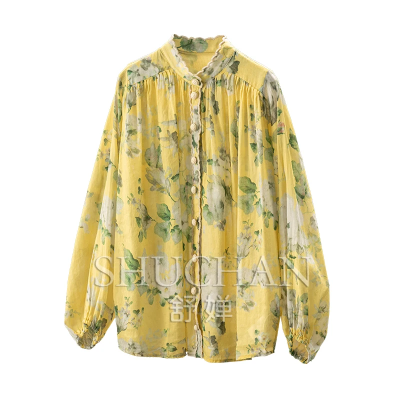 

Bright Yellow in Early Autumn, Australian Niche Holiday Style 100 Ramie Stand-up Collar Lantern Sleeve Shirt Women