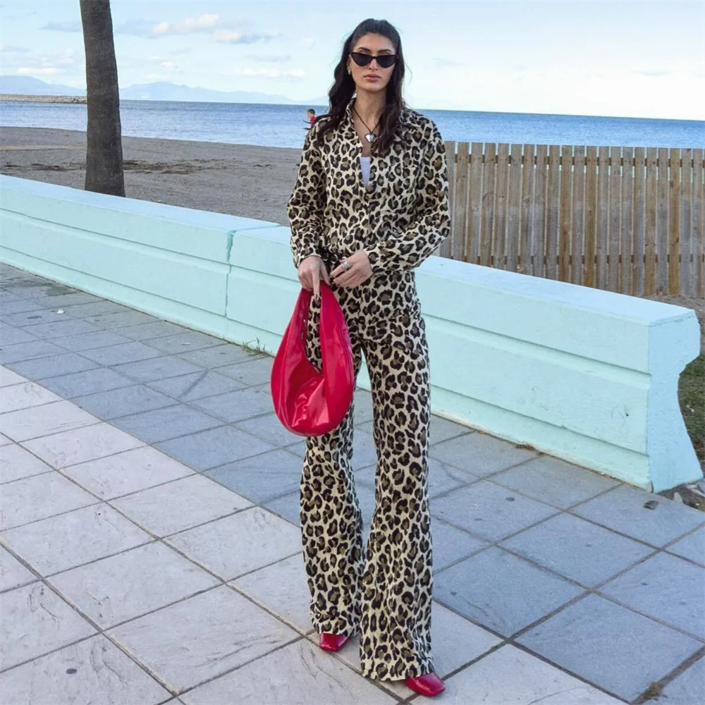 PB&ZA 2024 Spring New Women\'s Fashion temperament casual loose and versatile leopard print shirt wide leg pants set