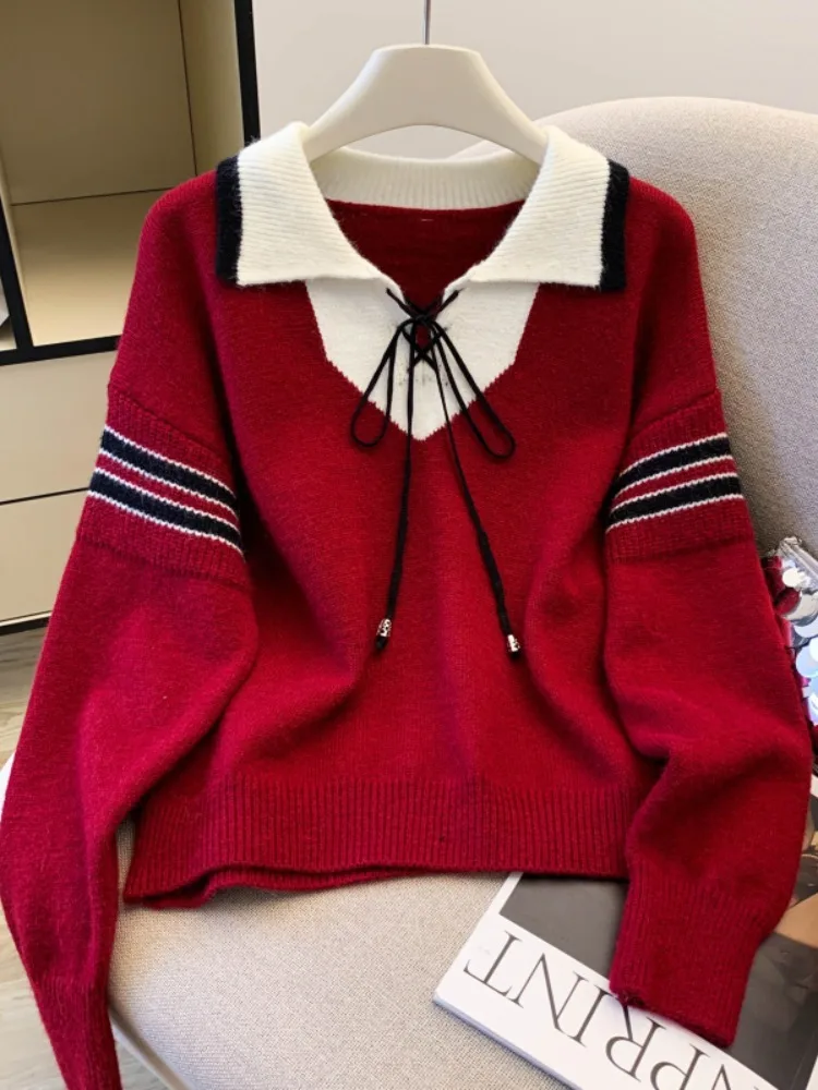 فضفاضة تناسب اللون بلو تريكو طوق وهمية قطعتين المرأة سترة الخريف جديد Sle كلية Sle محبوك