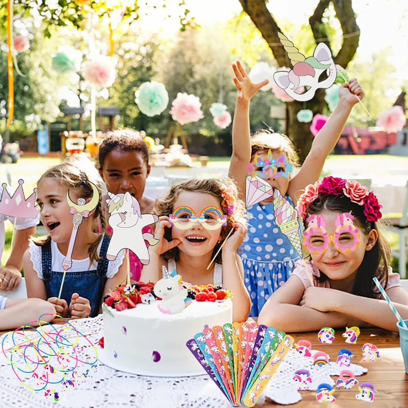 Zestawy zabawek z motywem jednorożca tęczowy jednorożec bransoletki pierścionek tatuaże naklejki Puzzle zabawki dla dzieci prezent urodzinowy Pinata wypełniacze — zdjęcie 7