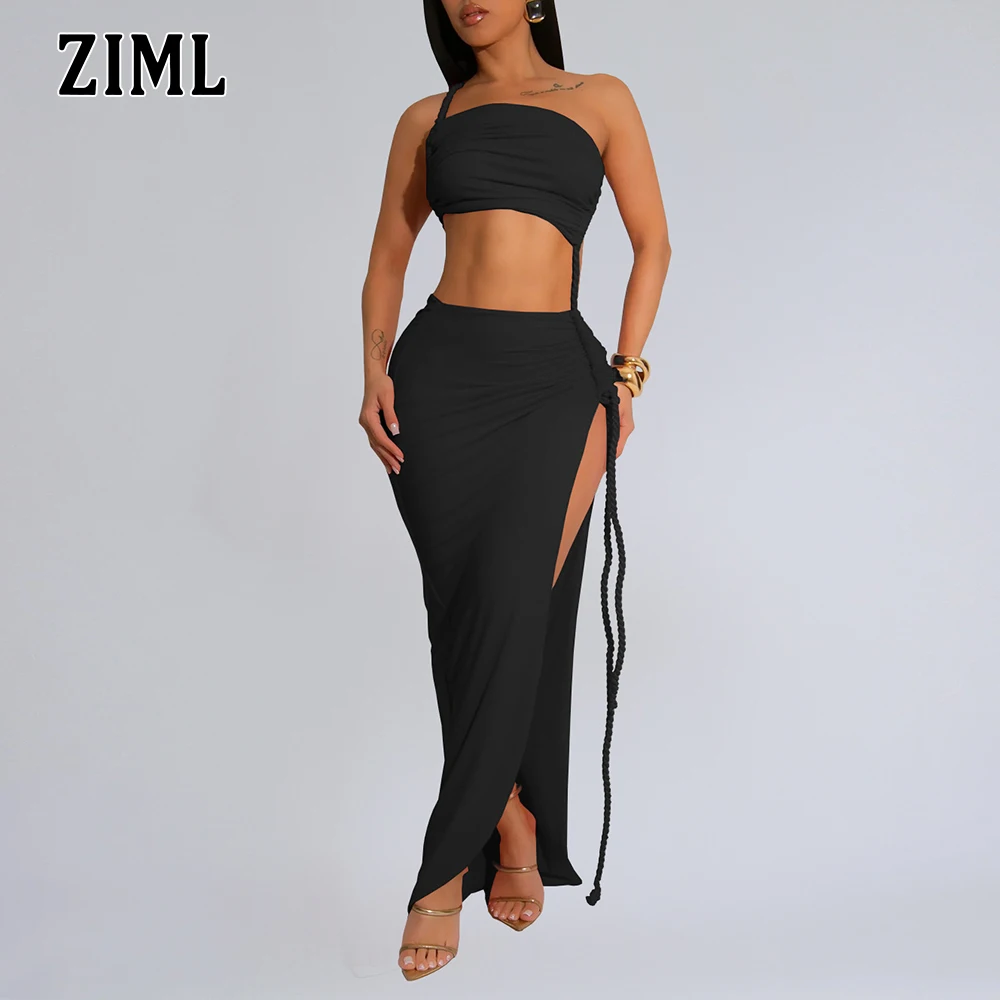 

ZIML Solid Sexy Two Piece Sets for Women Strapless Short Tops High Wiast Spliced Lace Up Skirt Elegant Set Female Fashion New