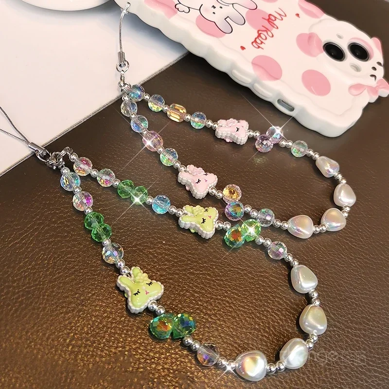 Mobile Phone Lanyard Squint Eye Rabbit Crystal Twist Pearl Lanyard Small Fresh Beaded Chain Mobile Phone Case Universal Sling