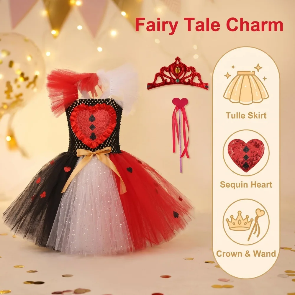 Halloween Girls Heart Pattern Mesh Princess Dress Set Kids Tulle Skirt With Crown Magic Wand Children Party Stage Daily Outfit
