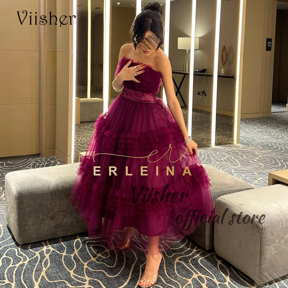 

Viisher Burgundy Tulle A Line Evening Dresses for Women Strapless Dubai Arabic Prom Party Dress Tea Length Formal Gowns