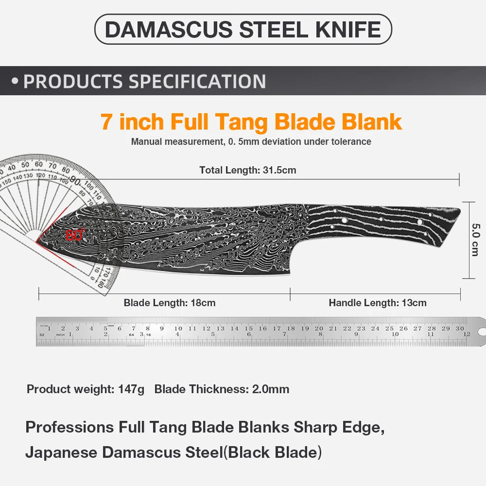Damascus Steel Chef Santoku Knife Blank 8 Inch - Full Tang Black Blade, Heat Treated, Razor Sharp Edge, DIY Custom Knife Making view 2