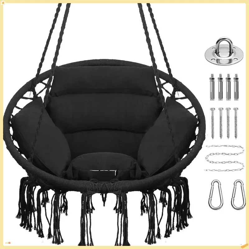 

Hammock Chair with Stand Cushion Indoor Outdoor Hanging Rattan Swing for Adult Balcony Garden Patio (Black)