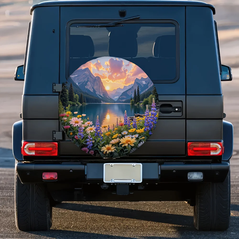 1pc 2D Flat Printing Car Tire Cover Lake Mountain Flower (4) Polyester Fabric Without Electricity Outdoor Parking Suitable For O