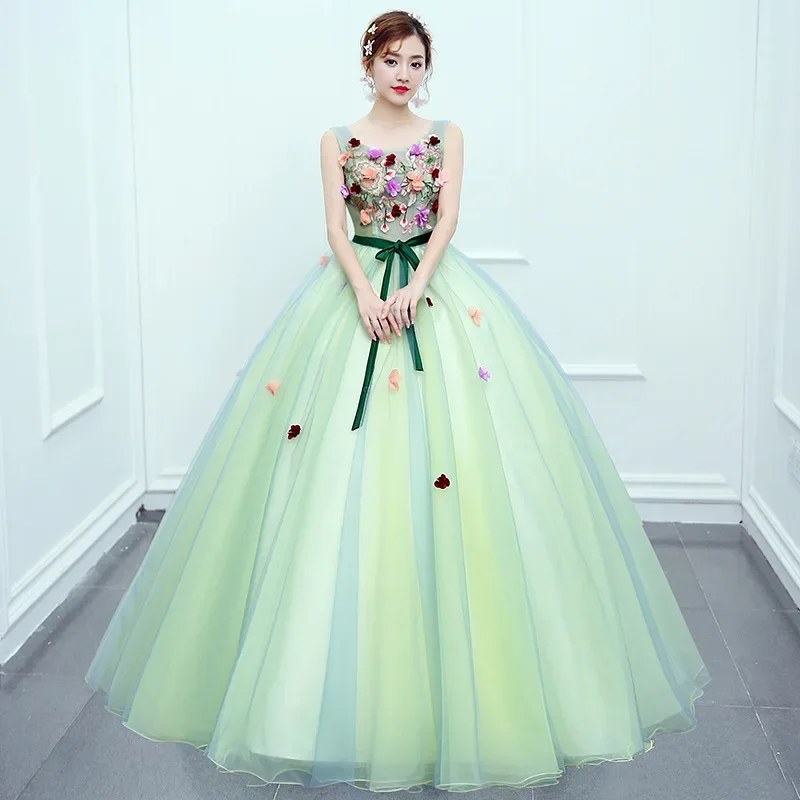 Green Ball Gown 3D Flower Quinceanera Dresses Luxury Appliques Floor Length Party Formal Dress Vintage Robe De Bal Vestidos