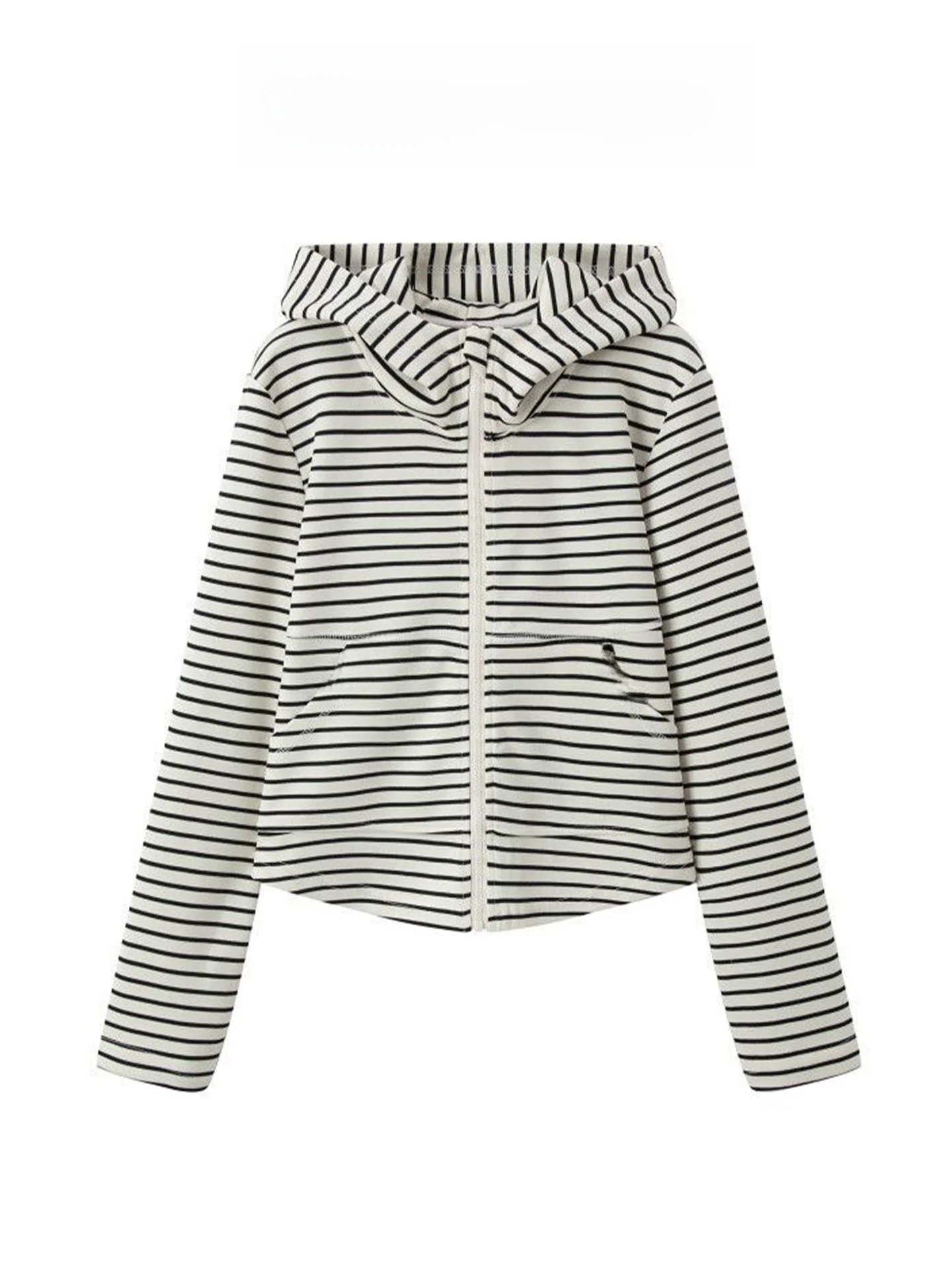 

Женская повседневная куртка в полоску для ранней осени, корейский стиль, свободный крой, универсальная, дышащая, с капюшоном, с длинными рукавами, весна-осень