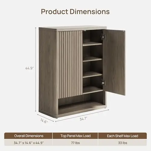Shoe Cabinet 44 inch Tall Fluted Shoe Cabinet with Doors & 4 Shelves Wooden Large Hidden Shoe Storage Organizer Modern