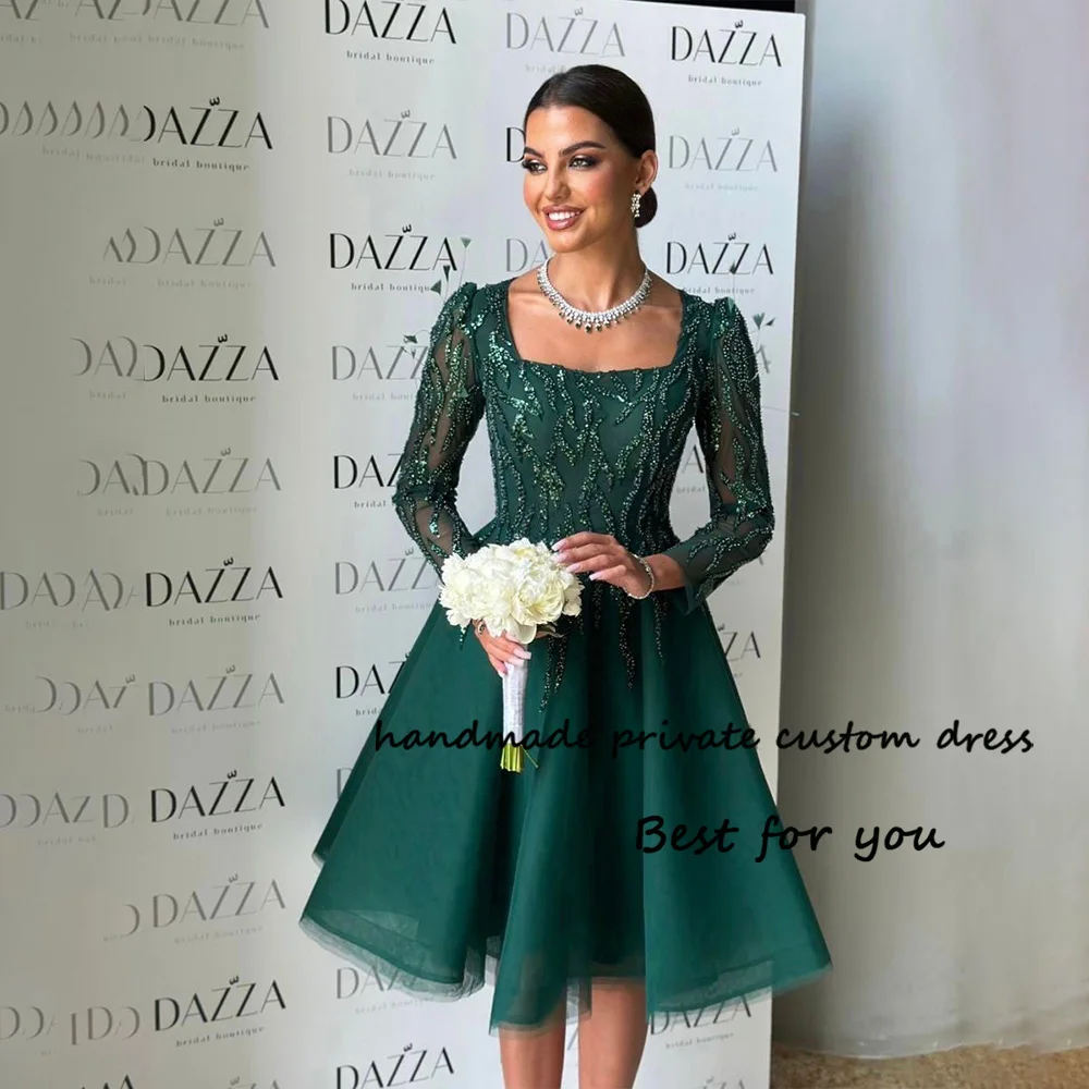 

Green Short Evening Dresses Long Sleeve Square Neck Beads Luxury Prom Party Dress Arabic Dubai Formal Evening Gown