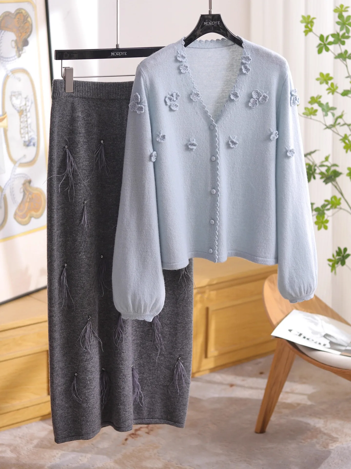 Baby Blue 00 Wool V-ne Knitted Cardigan Sweater with 3d Flower Lantern Sve Women's Warm Faion Commute Sle Long Sve